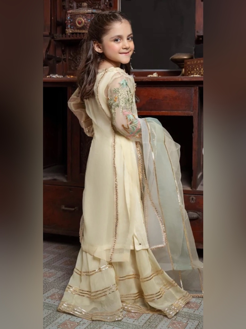 Hem Cream Embroidered Formal Girls Dress with Sheer Dupatta - Picture 3 of 14